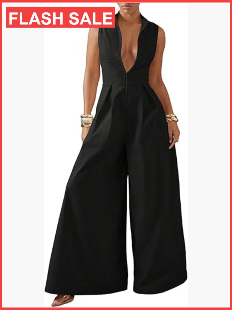 Wide Leg Jumpsuit Mock Neck Sleeveless Front Zipper Elegant Romper Loose Fit